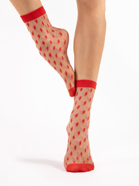 Fiore - 20 denier ankle socks with geometric pattern and contrast colour top