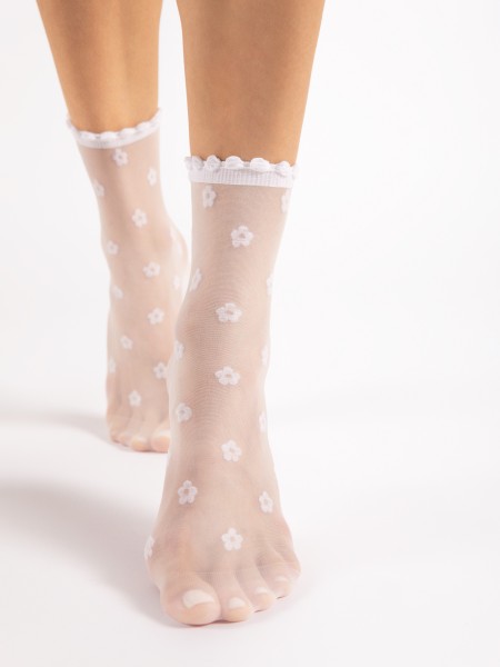 Fiore - 15 denier ankle socks with flower pattern and decorative top